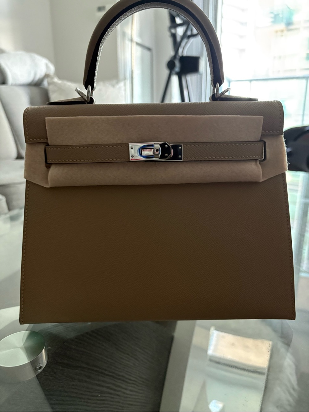 Women's Structured Top-Handle Kelly Style Bag in Light Beige Silver
